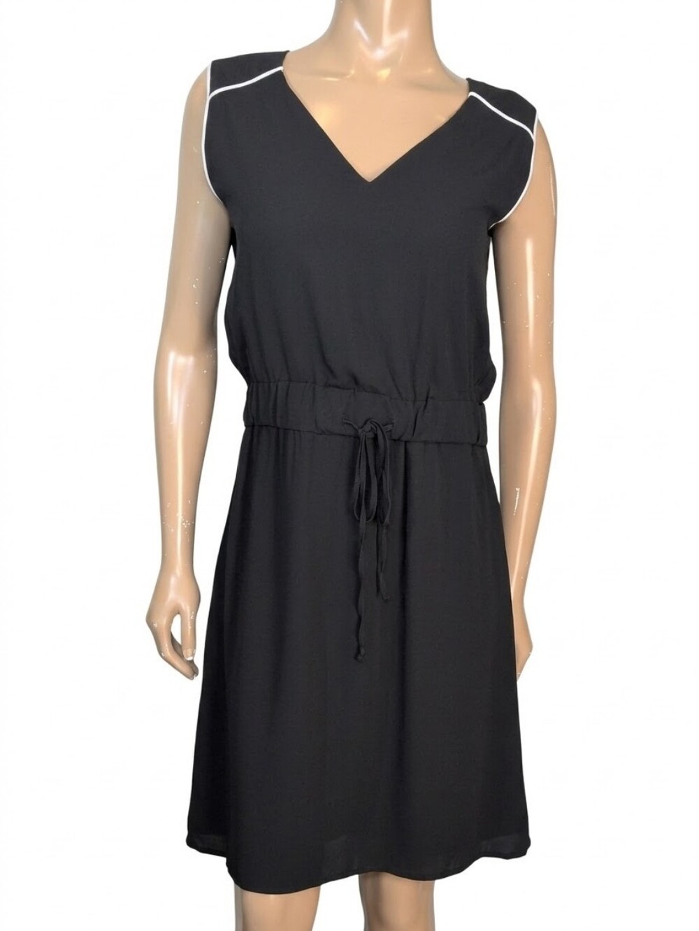 Joe Fresh Sleeveless Vneck Drawstring Elastic Waist Dress Black White Medium